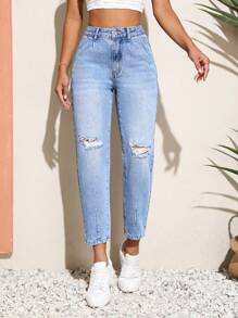 SHEIN Unity 高腰破洞牛仔褲 - 淺色水洗藍 - 查看 1