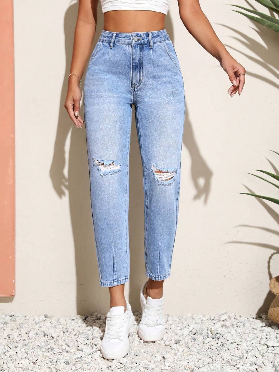 SHEIN Unity 高腰破洞牛仔褲 - 淺色水洗藍 - 查看 1