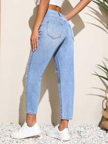 SHEIN Unity 高腰破洞牛仔褲 - 淺色水洗藍 - 查看 2