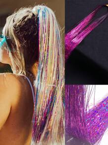 5 Chiếc Tóc Dài Thẳng Lấp Lánh Sáng Bóng Tinsel Rainbow Lụa Tổng Hợp Tóc - Màu Hoa oải hương tím - Xem 2