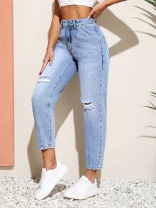 SHEIN Unity 高腰破洞牛仔褲 - 淺色水洗藍 - 查看 3