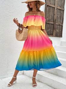 SHEIN VCAY Ombre Off Shoulder Ruffle Hem Dress - Multicolor - View 1
