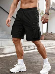 Manfinity LEGND Men Flap Pocket Drawstring Waist Oversize Cargo Shorts - Black - View 3