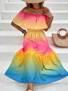 SHEIN VCAY Ombre Off Shoulder Ruffle Hem Dress - Multicolor - View 3