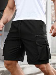 Manfinity LEGND Men Flap Pocket Drawstring Waist Oversize Cargo Shorts - Black - View 4