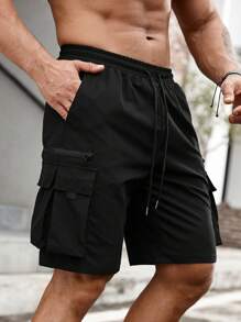 Manfinity LEGND Men Flap Pocket Drawstring Waist Oversize Cargo Shorts - Black - View 5