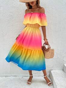 SHEIN VCAY Ombre Off Shoulder Ruffle Hem Dress - Multicolor - View 4