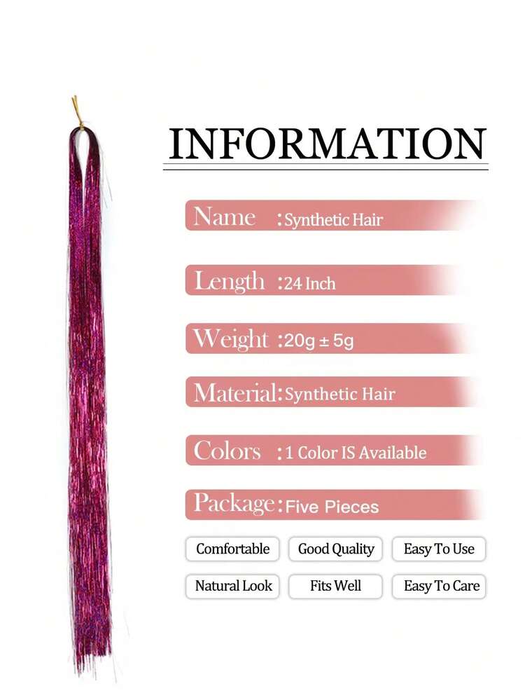 5pcs Long Straight Sparkle Shiny Hair Tinsel Rainbow Silk Synthetic Hair Extension - Lavender Purple - View 8