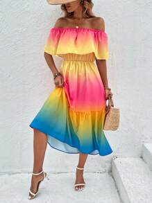 SHEIN VCAY Ombre Off Shoulder Ruffle Hem Dress - Multicolor - View 5