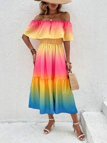 SHEIN VCAY Ombre Off Shoulder Ruffle Hem Dress - Multicolor - View 6