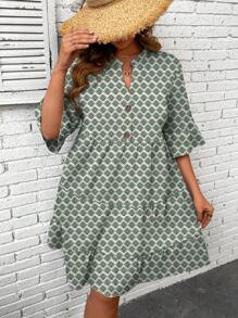 SHEIN LUNE Đầm Plus Size Viên lá sen Nút phía trước Hình học Tất cả trên in Dễ thương - màu xanh lá - Xem 1