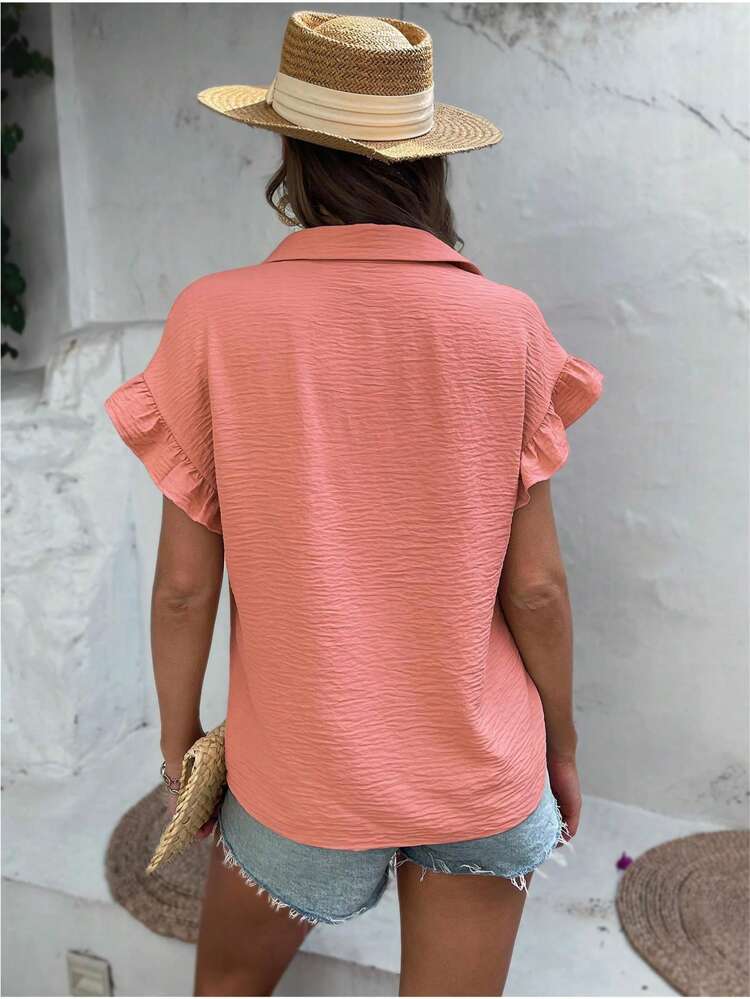 Solid Flounce Sleeve Button Front Shirt