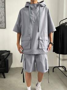 Claim Dot 男士翻蓋口袋落肩袖抽繩連帽上衣和短褲 - 灰色 - 查看 1