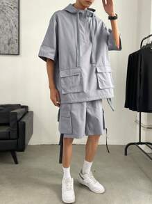 Claim Dot 男士翻蓋口袋落肩袖抽繩連帽上衣和短褲 - 灰色 - 查看 6