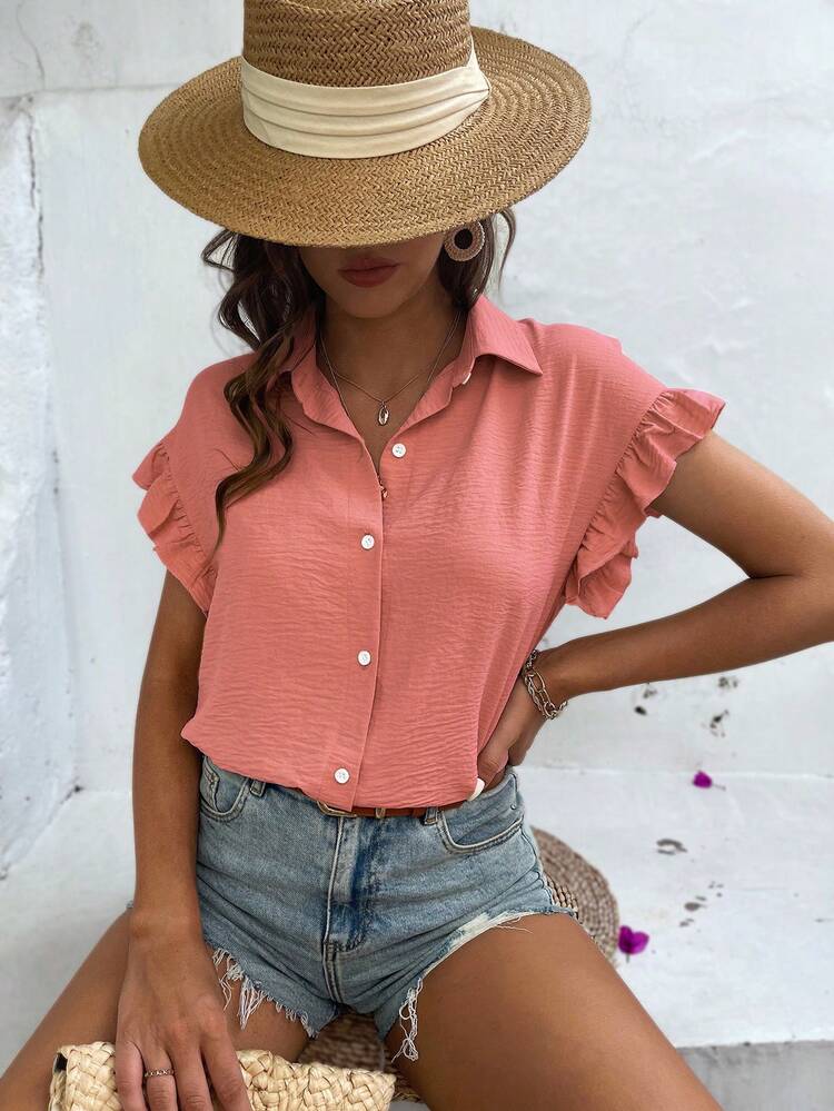 Solid Flounce Sleeve Button Front Shirt