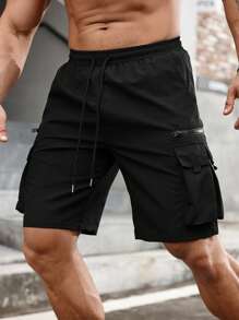 Manfinity LEGND Men Flap Pocket Drawstring Waist Oversize Cargo Shorts - Black - View 6