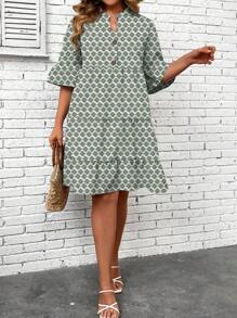 SHEIN LUNE Đầm Plus Size Viên lá sen Nút phía trước Hình học Tất cả trên in Dễ thương - màu xanh lá - Xem 3