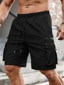 Manfinity LEGND Men Flap Pocket Drawstring Waist Oversize Cargo Shorts - Black - View 7