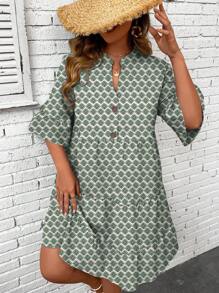 SHEIN LUNE Đầm Plus Size Viên lá sen Nút phía trước Hình học Tất cả trên in Dễ thương - màu xanh lá - Xem 4