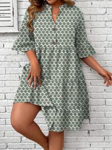 SHEIN LUNE Đầm Plus Size Viên lá sen Nút phía trước Hình học Tất cả trên in Dễ thương - màu xanh lá - Xem 5