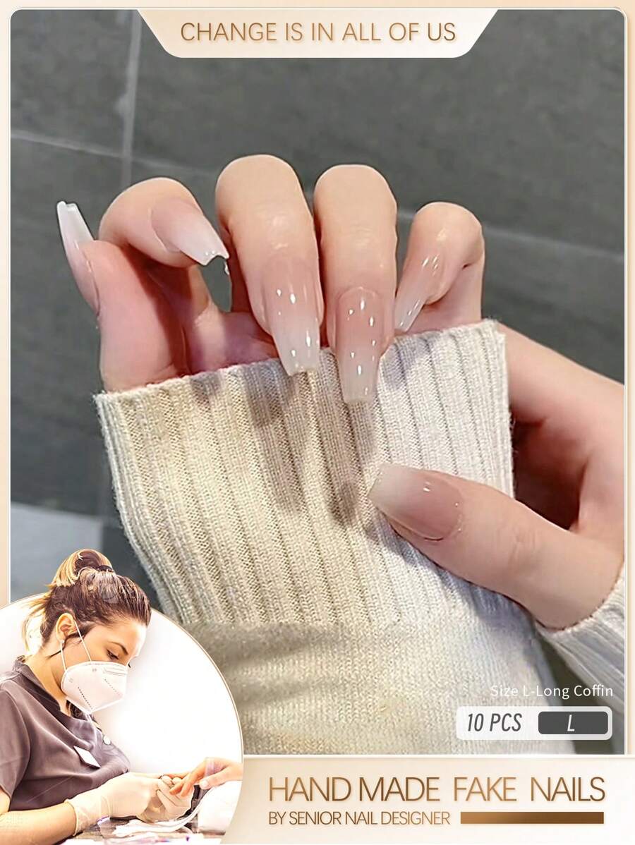 10 cái Long Coffin Ombre Nail Fake & 1 sheet Tape & 1pc Nail Dũa & 1pc Stick - Màu Hồng baby - Xem 1