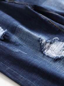 男士破洞口袋拉链牛仔短裤 - 中等水洗藍 - 查看 3
