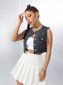 翻蓋細節短款馬甲牛仔夾克 - 灰色 - 查看 5