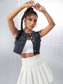 翻蓋細節短款馬甲牛仔夾克 - 灰色 - 查看 2