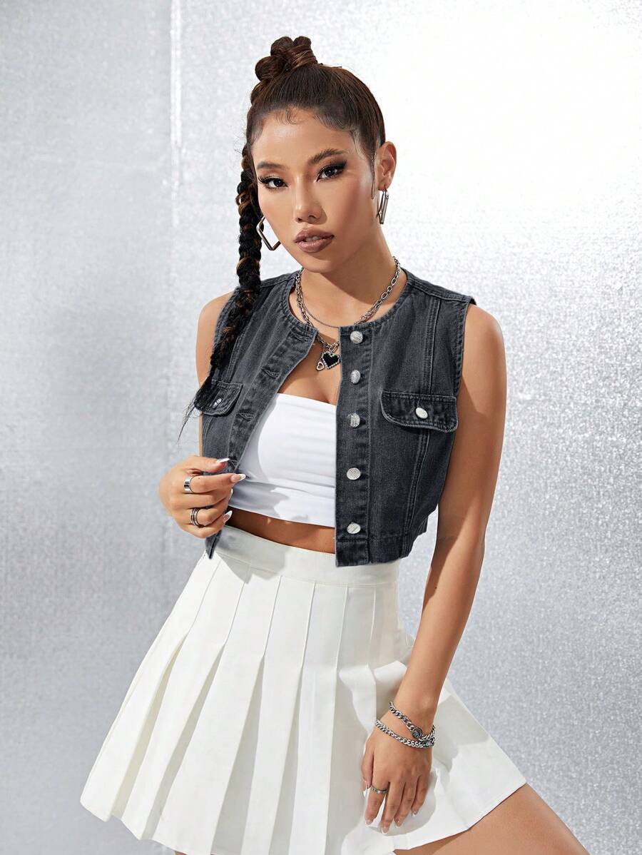 翻蓋細節短款馬甲牛仔夾克 - 灰色 - 查看 1