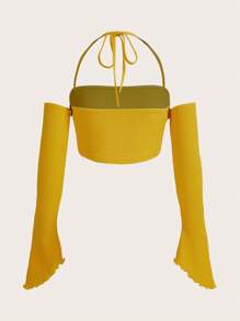 SHEIN ICON Dopamine Dressing Tie Back Off Shoulder Lettuce Trim Top - Yellow - View 2