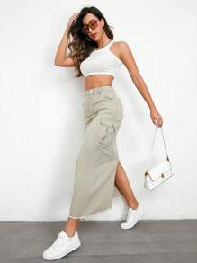 SHEIN Essnce Váy denim nữ Túi Chia Hem thô màu trơn - Màu xanh Bạc hà - Xem 1