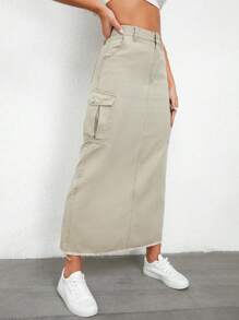 SHEIN Essnce Váy denim nữ Túi Chia Hem thô màu trơn - Màu xanh Bạc hà - Xem 2