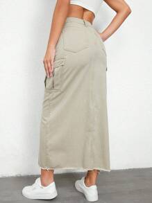 SHEIN Essnce Váy denim nữ Túi Chia Hem thô màu trơn - Màu xanh Bạc hà - Xem 3