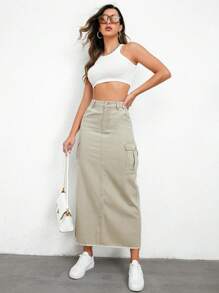 SHEIN Essnce Váy denim nữ Túi Chia Hem thô màu trơn - Màu xanh Bạc hà - Xem 4