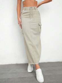 SHEIN Essnce Váy denim nữ Túi Chia Hem thô màu trơn - Màu xanh Bạc hà - Xem 6