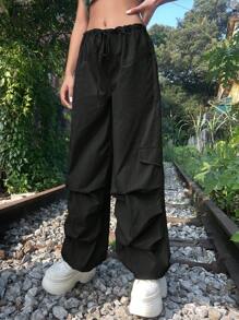 SHEIN ICON Gorpcore Grunge Solid Drawstring Waist Cargo Parachute Trousers - Black - View 4