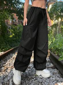 SHEIN ICON Gorpcore Grunge Solid Drawstring Waist Cargo Parachute Trousers - Black - View 5
