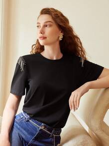 MOTF PREMIUM T-shirt met strass franjes