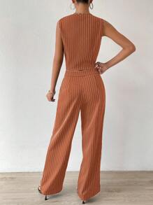 SHEIN Privé 條紋印花前紐扣馬甲西裝外套&闊腿褲 - 亮橙色 - 查看 2