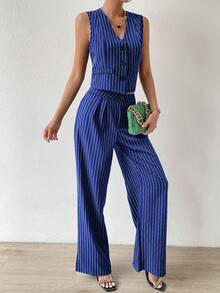 SHEIN Privé 條紋印花前紐扣馬甲西裝外套&闊腿褲 - 寶藍色 - 查看 3