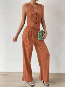 SHEIN Privé 條紋印花前紐扣馬甲西裝外套&闊腿褲 - 亮橙色 - 查看 5