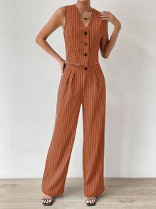 SHEIN Privé 條紋印花前紐扣馬甲西裝外套&闊腿褲 - 亮橙色 - 查看 6
