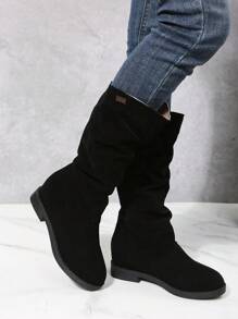 New Arrival High Heel Platform Mid-calf Boots With Fold Details - Black - View 1