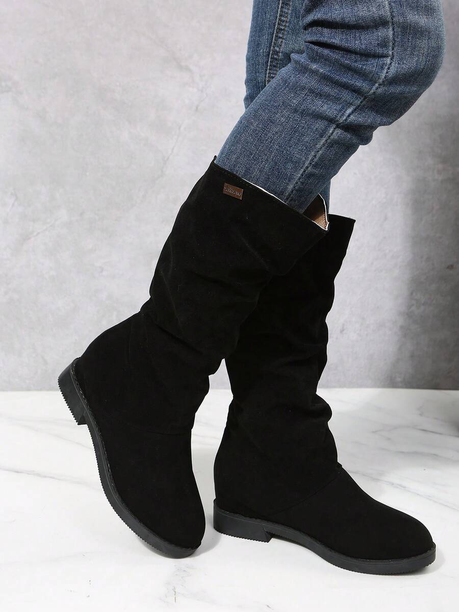 New Arrival High Heel Platform Mid-calf Boots With Fold Details - Black - View 1