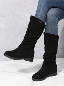 New Arrival High Heel Platform Mid-calf Boots With Fold Details - Black - View 2