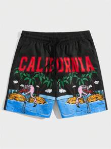 ROMWE MEN Street Life Pantalones cortos con cordón y cintura para hombre con estampado de letras y tropical, escolar