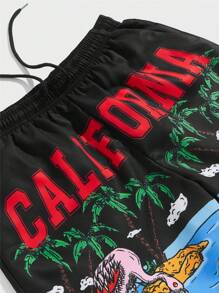 ROMWE MEN Street Life Pantalones cortos con cordón y cintura para hombre con estampado de letras y tropical, escolar