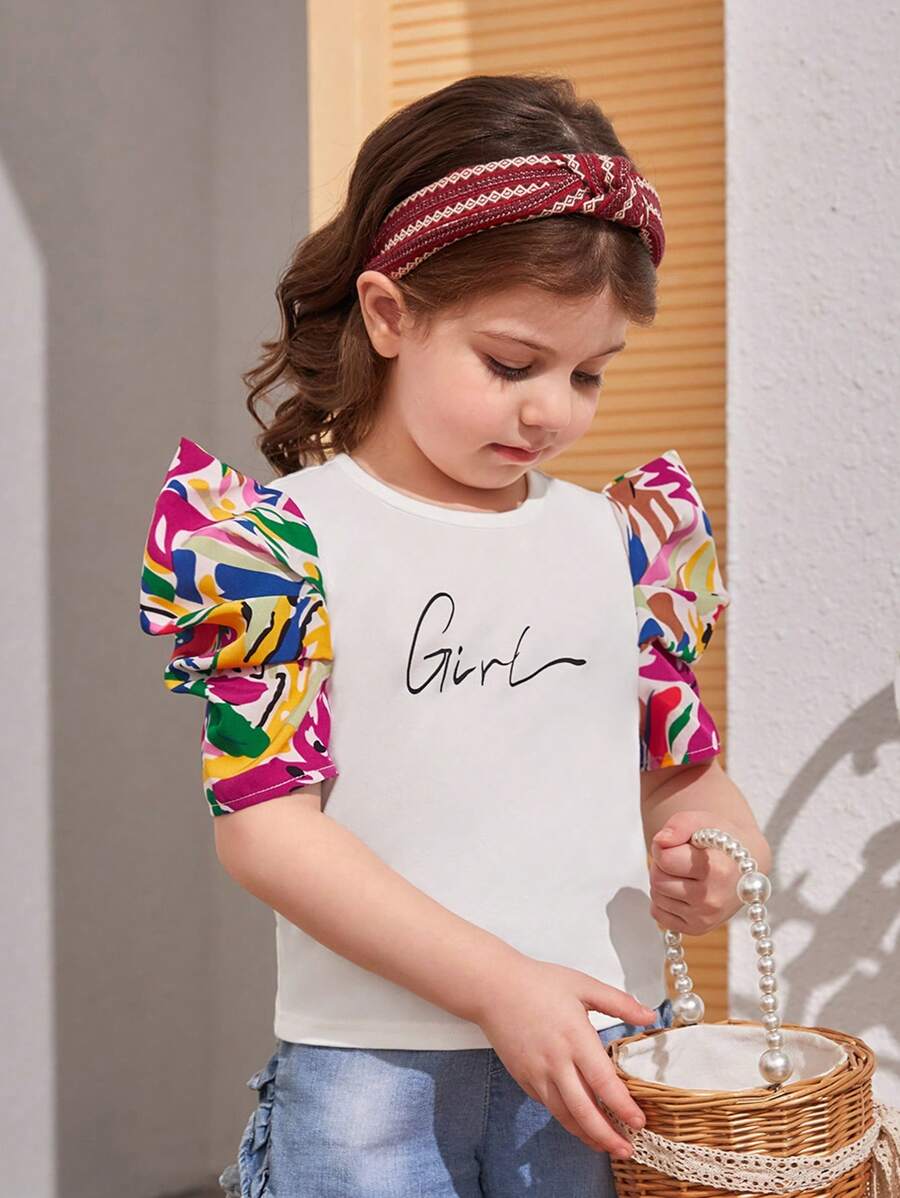 SHEIN Toddler Girls Letter Graphic Puff Sleeve Tee - Multicolor - View 1