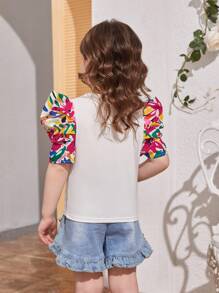 SHEIN Toddler Girls Letter Graphic Puff Sleeve Tee - Multicolor - View 3