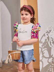 SHEIN Toddler Girls Letter Graphic Puff Sleeve Tee - Multicolor - View 2